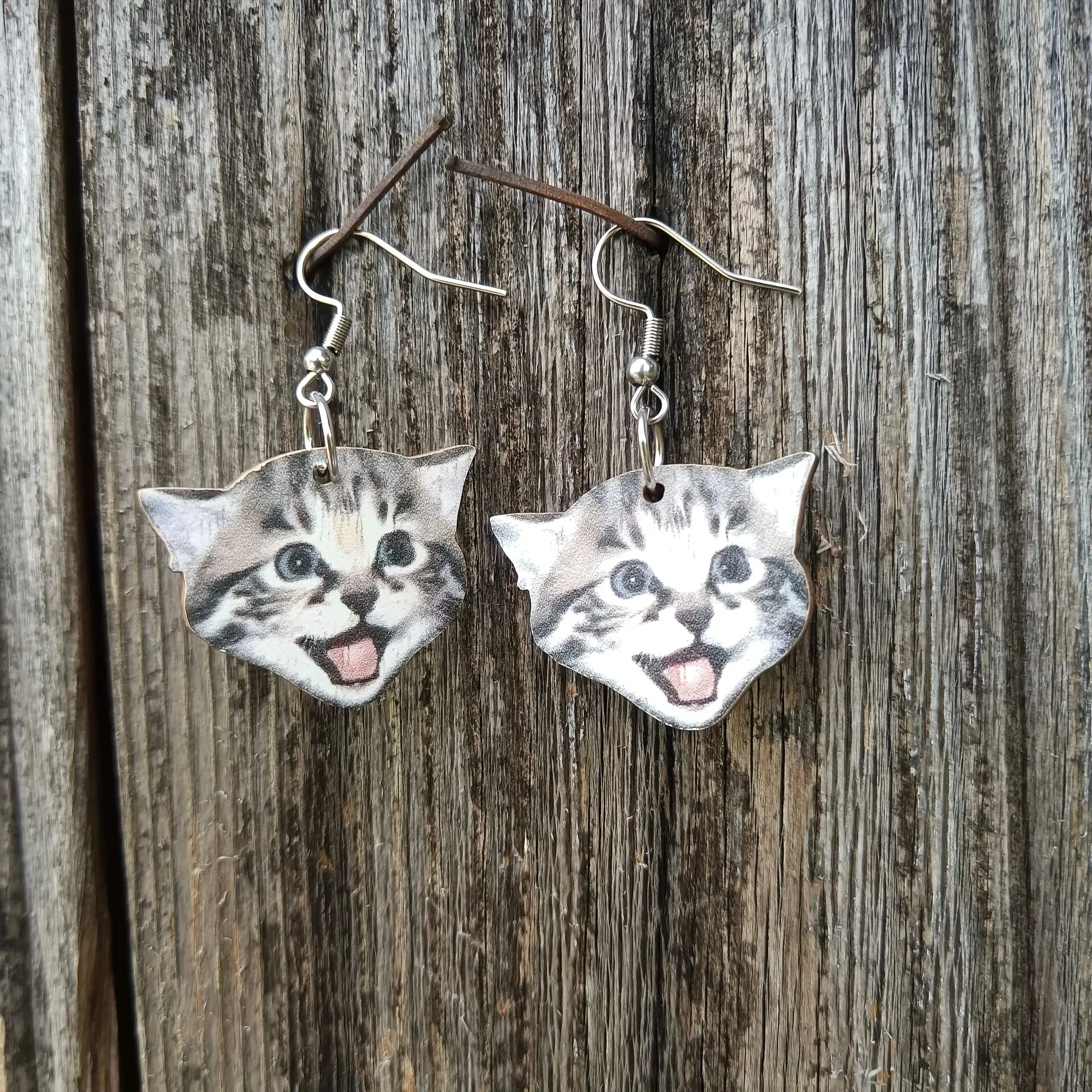 Wooden Cute playful kitten earrings cat dangle earrings pet animal fun smiling cat dangle earrings
