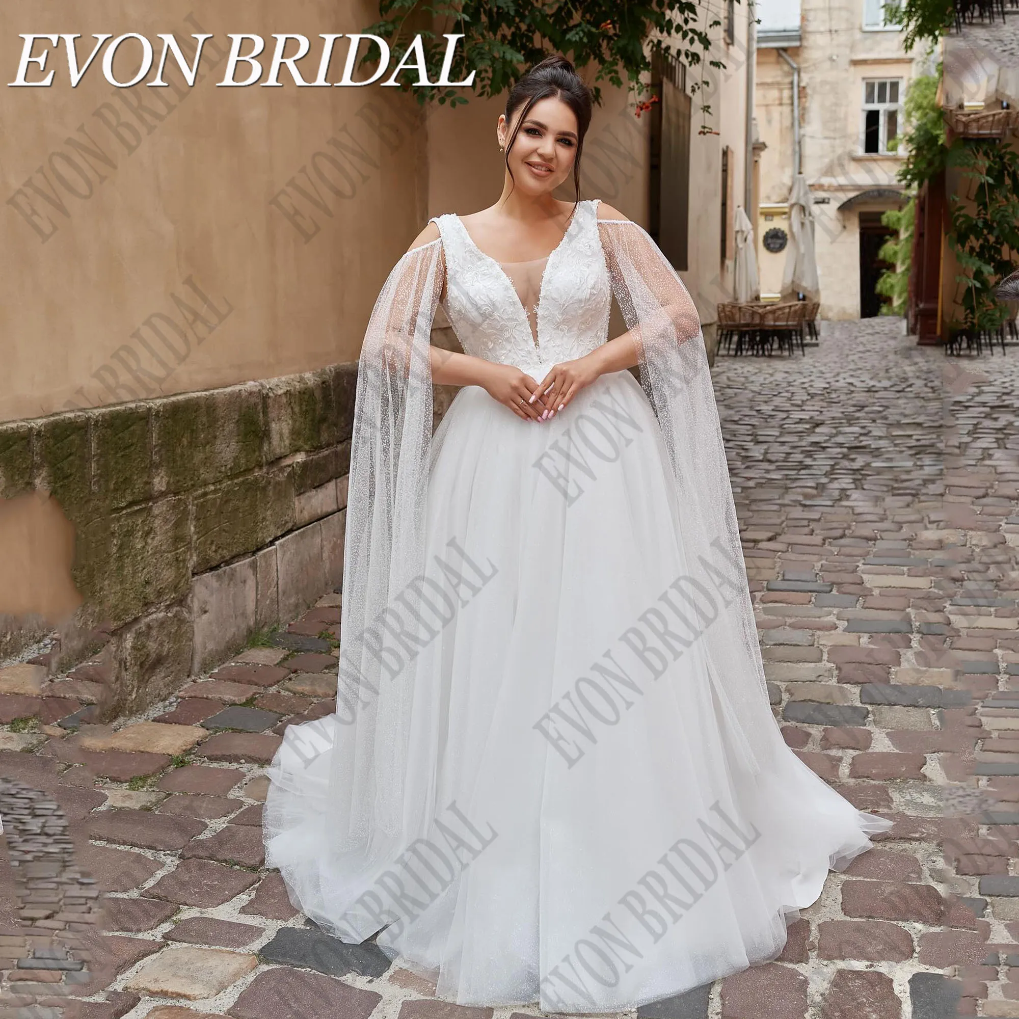 

EVON BRIDAL V-Neck Plus Size Wedding Dresses With Cap Applique A-Line Bride Gowns Vestidos De Novia Sleeveless Tulle Custom