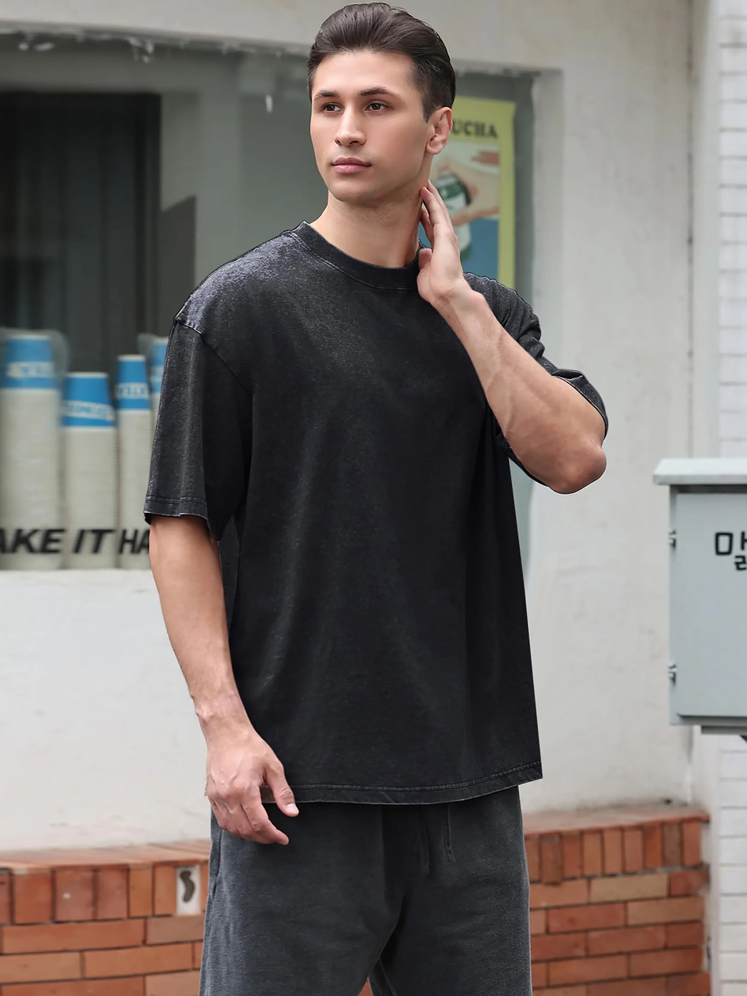 تي شيرت رجالي INSTANT HUMAN مطبوع أسود بأكمام قصيرة ورقبة مستديرة فضفاض صيفي 100% قطن حمض مغسول بلمسة نهائية لعيد الميلاد