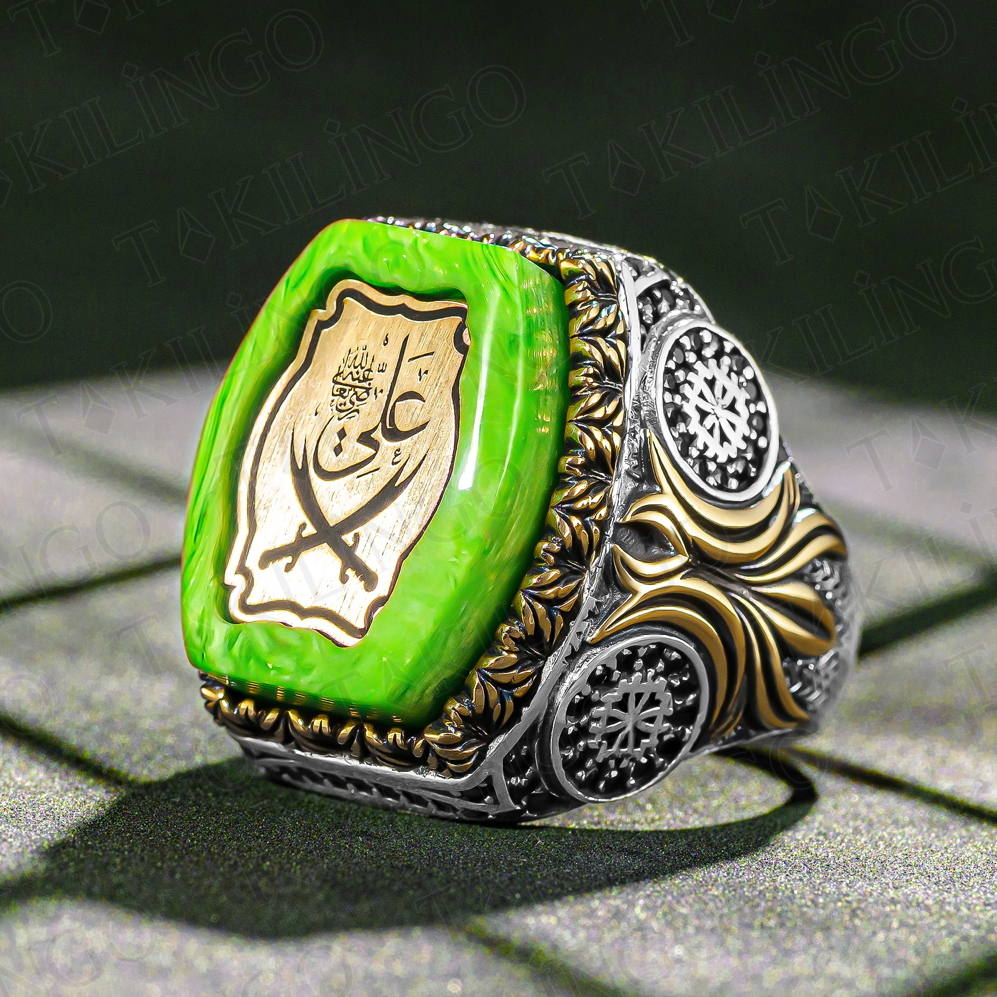 

Zulfiqar Of Imam Ali 925K Sterling Silver Ring,Muslim/Islamic Double Sword On BigGreen Amber Stone Turkish Arabic Ring Gift Dad