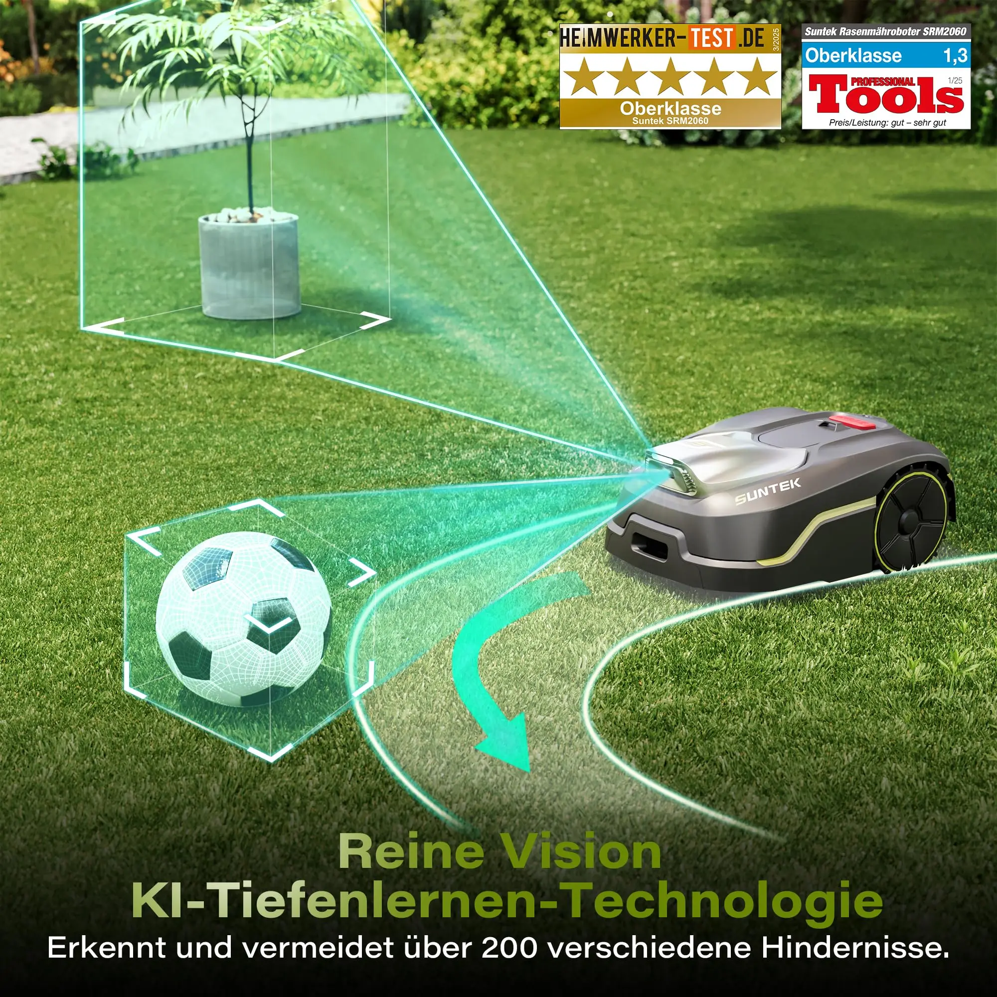 SUNTEK robot lawn mower without boundary wire AI Vision camera, Max 600 m², precise obstacle avoidance, IPX5 water protection,