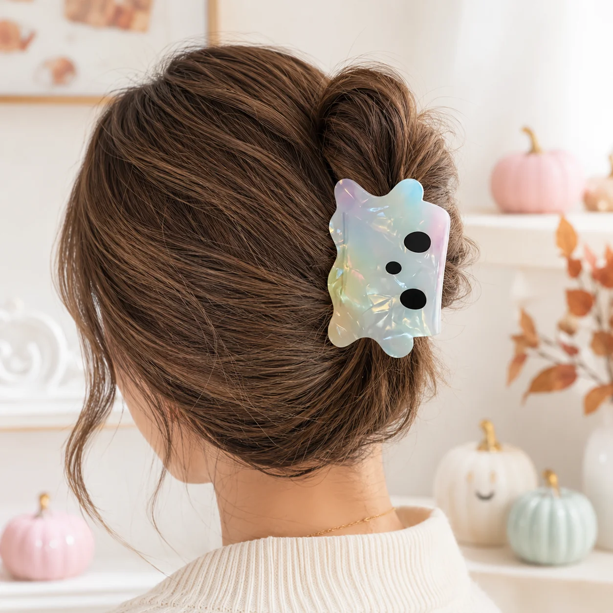 1pcs Halloween Pumpkin Ghost Laser Effect Printed Grip Clip, Back of Head Shark Clip Hair Accessory