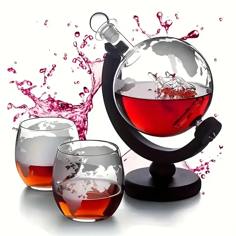 Men's Whiskey Decanter Set - Etched World Ball Design - Capacity 28 oz/850 ml, with Wooden Stand and 2 Glass - Men's Gift