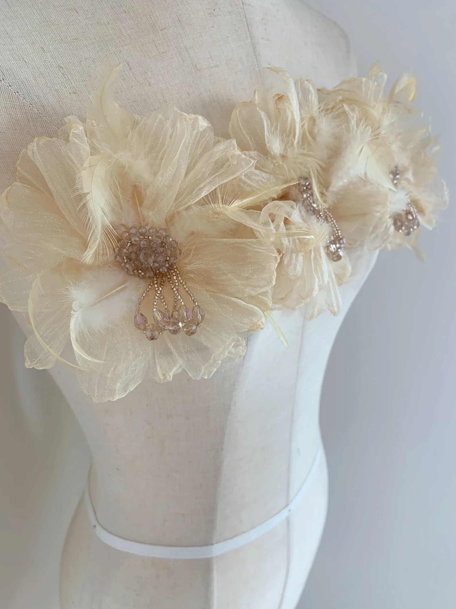 3 Pieces Apricot Organza Flower With Feathers Heavy Floral Applique, 3D Flowers Applique With Beads And Rhinestones For Couture