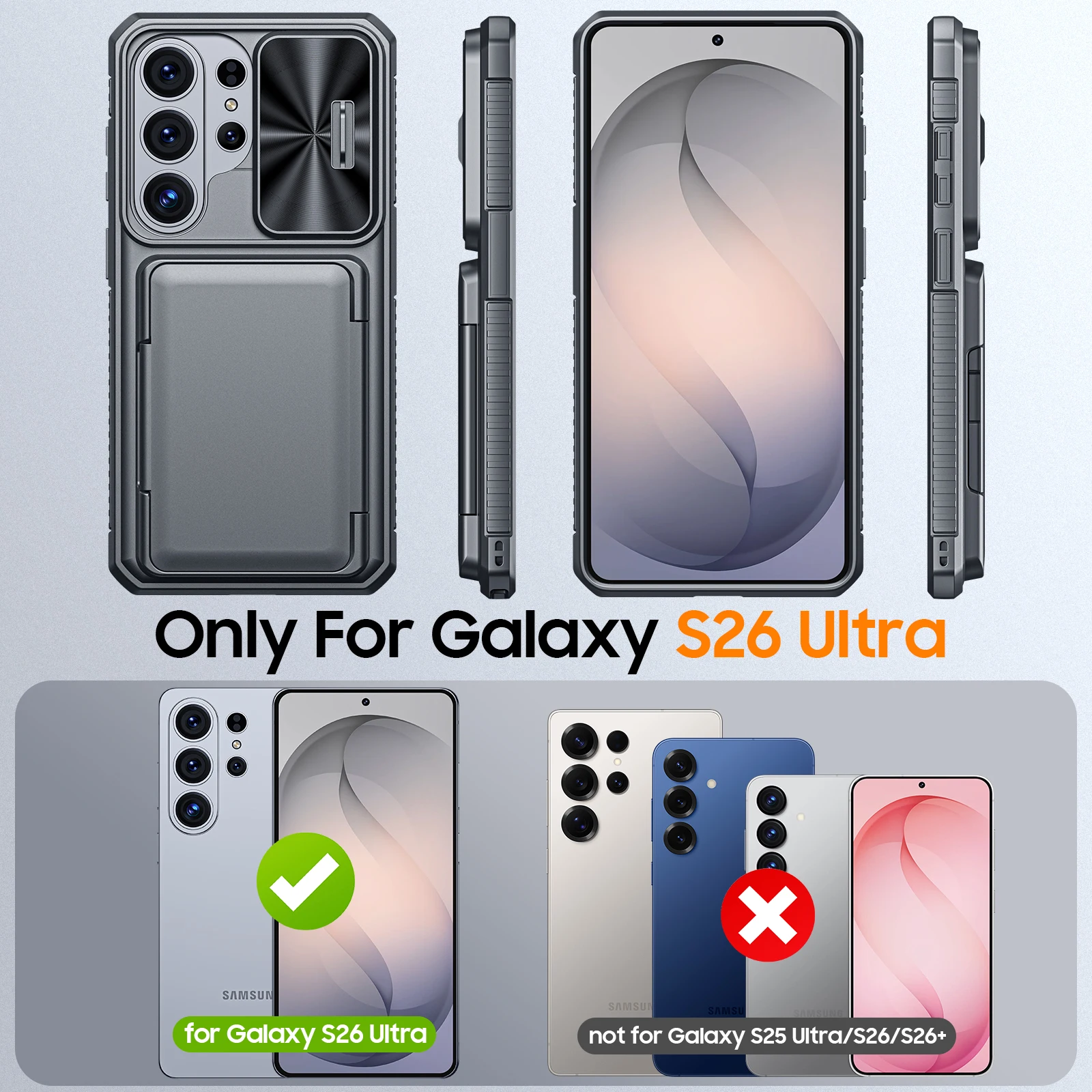 Für Galaxy S26 Ultra Hülle mit Geldbörse, RFID-Schutz, Kartenhalter, Kameraabdeckung, Robuste Stoßfeste Silikon-Schutzhülle in Grau – Detail 1