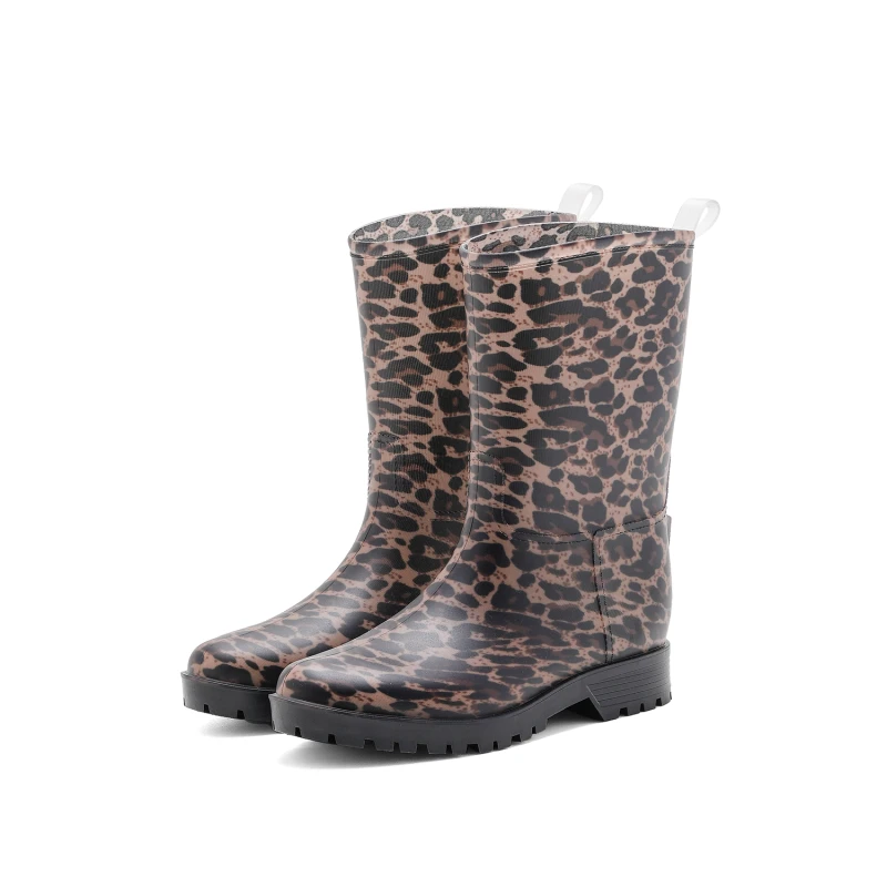 Bottes de pluie antidérapantes à imprimé léopard mi-mollet pour femmes, chaussures d'extérieur en caoutchouc imperméables une pièce en Pvc pour la pêche, le jardinage et les travaux agricoles