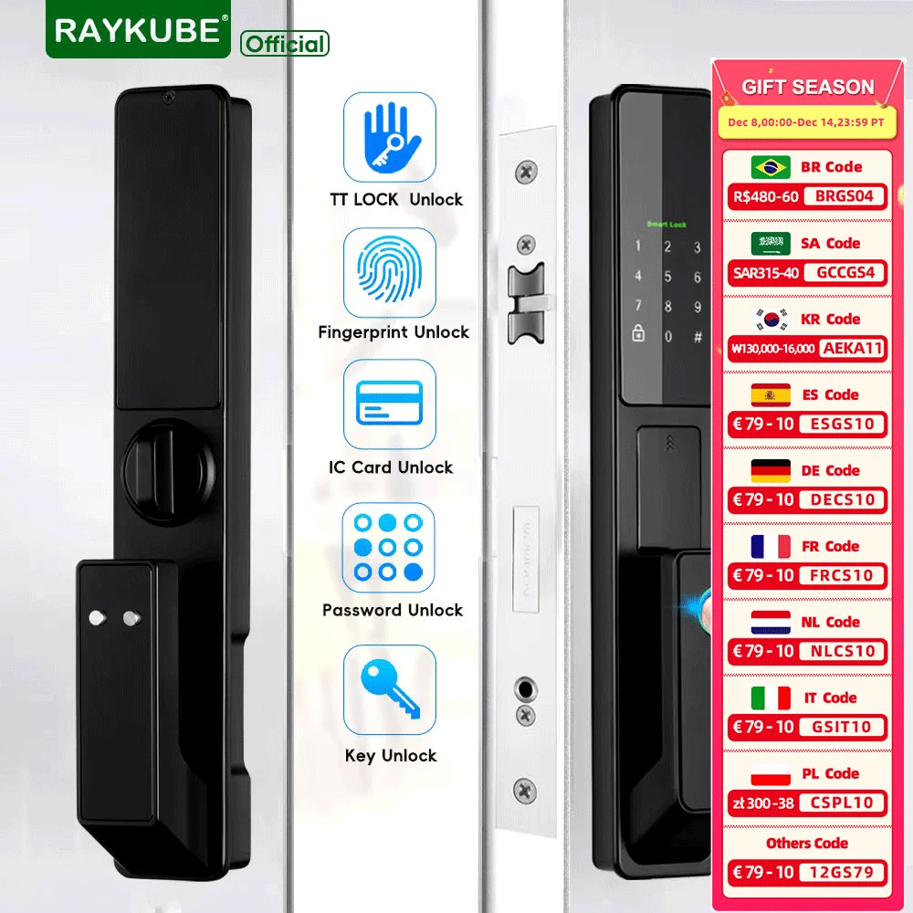 

RAYKUBE AT1 TT Lock BLE Полностью автоматический усовершенствованный электронный умный дверной замок с отпечатками пальцев с TT Lock APP/NFC/карта/пароль/разблокировка ключа