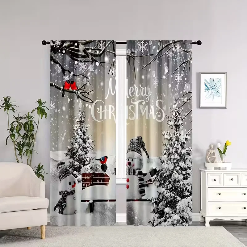 2pcs Snowman & Merry Christmas Curtains Winter Design Polyester Window Decor for Holiday Living Room Bedroom Rod Pocket Curtains
