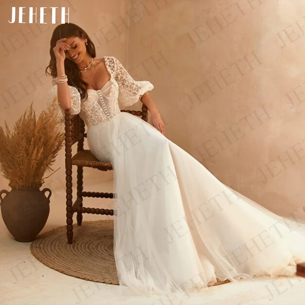 JEHETH Vestidos De Noiva Boho Vintage Meia Mangas Tule Praia Vestido De Novia Boda Civil Backless Lace Appliques Vestidos de Noiva Boho Vintage Meia Manga  Vestidos de noiva de praia em tule para casamento civil  Apliq