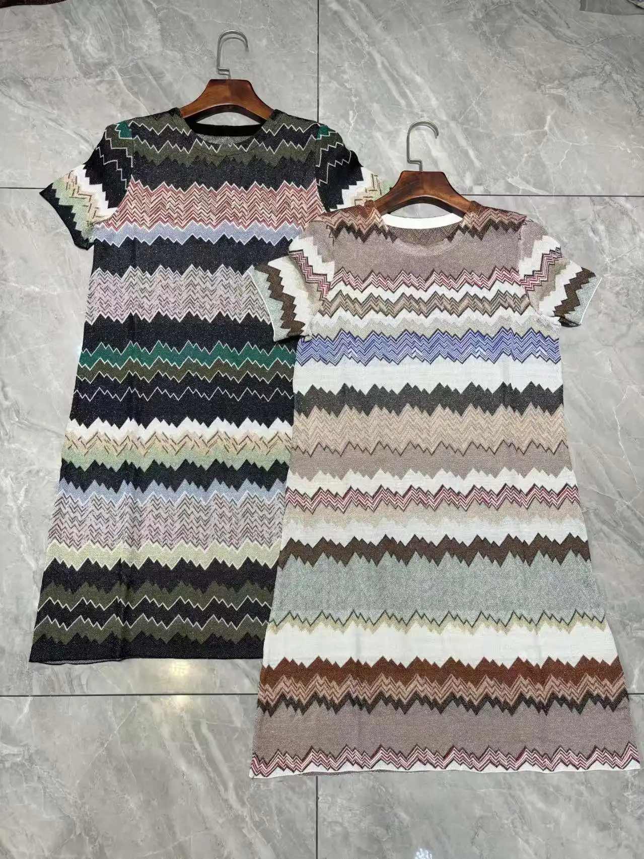 

Women Lady New Spring Summer Knitted High Stretch Round Collar Short Sleeve Wave Striped Holiday Short Above Knee Mini Dress