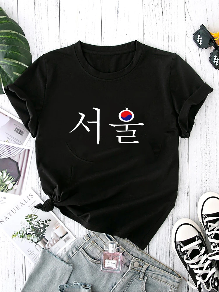 Camiseta de manga corta con cuello redondo para mujer, camisa informal con estampado de la bandera coreana de verano, 2024