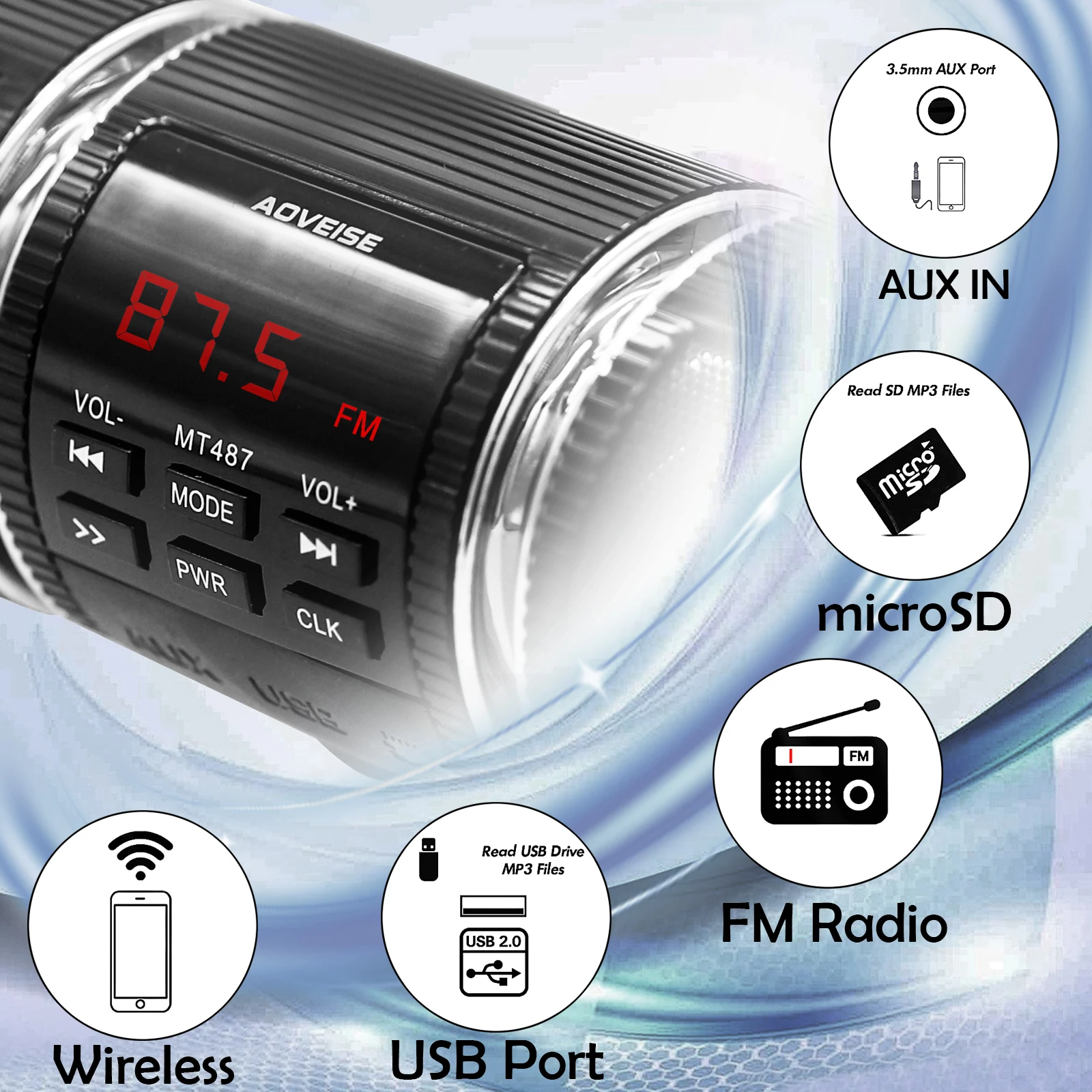 مكبرات صوت ستيريو لمقود الدراجة النارية مشغل MP3 لاسلكي مع بطاقة AUX-IN/USB/TF وراديو FM فضي