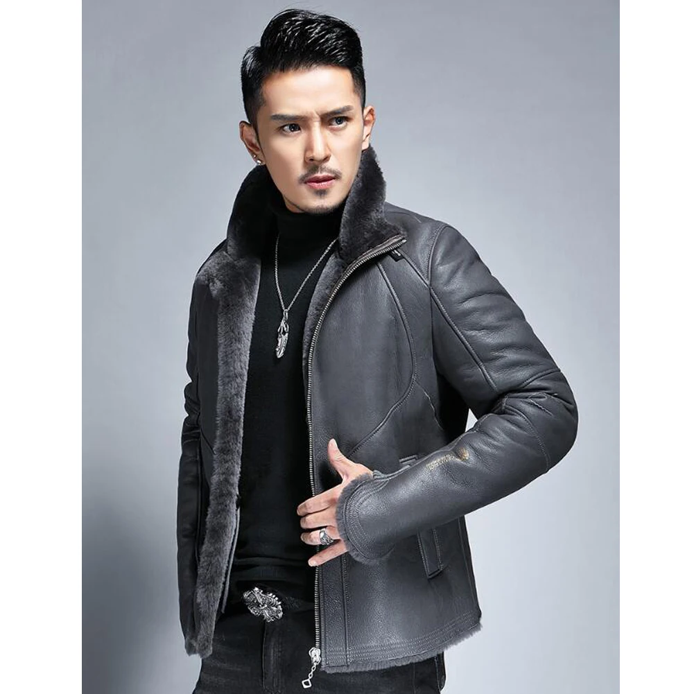 Denny&Dora Men's Shearling Jacket - Grey Sheepskin Short - Everyday Use - Leather Coat