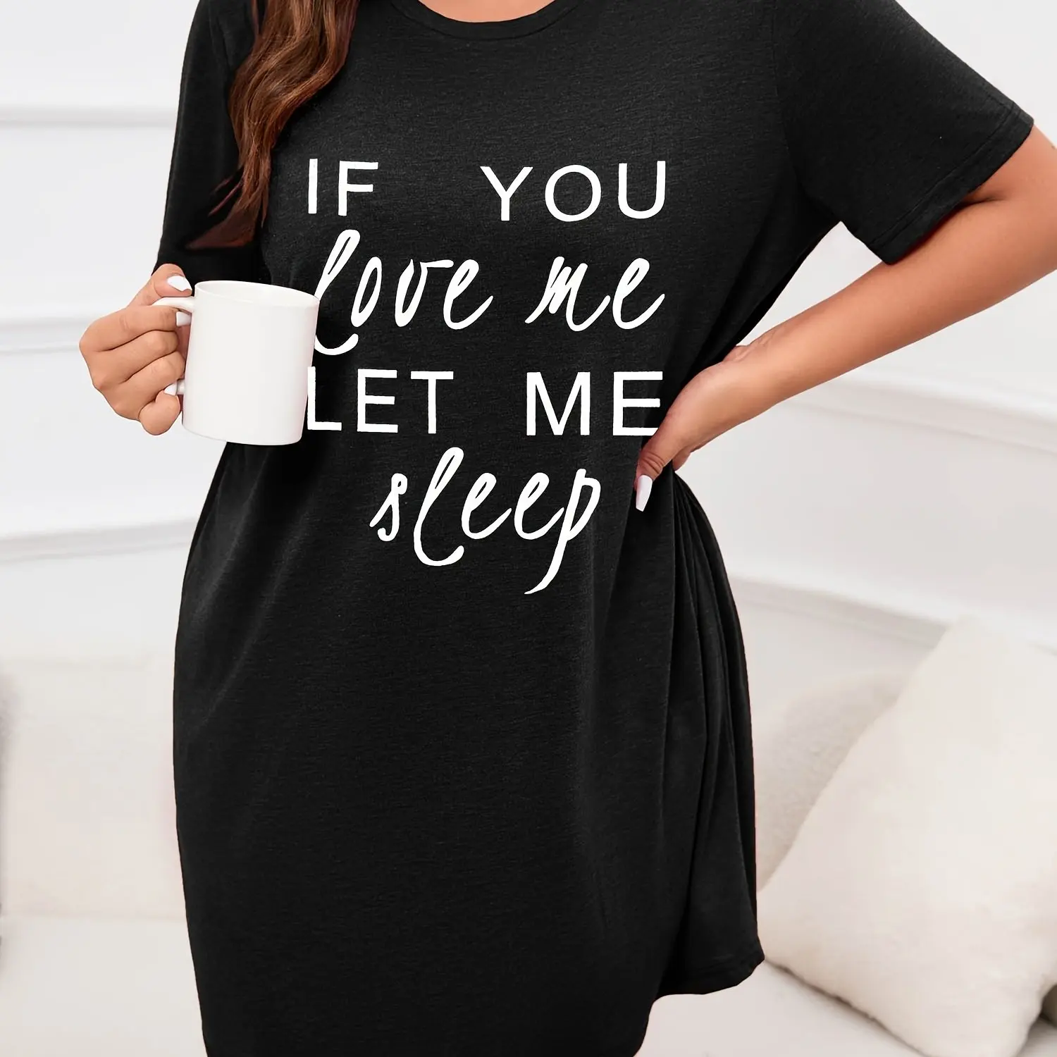 Women\'s Letter Printed Short Sleeve Round Neck Nightgown Plus Size Casual Home Dress Micro Stretch Student Sleepwear