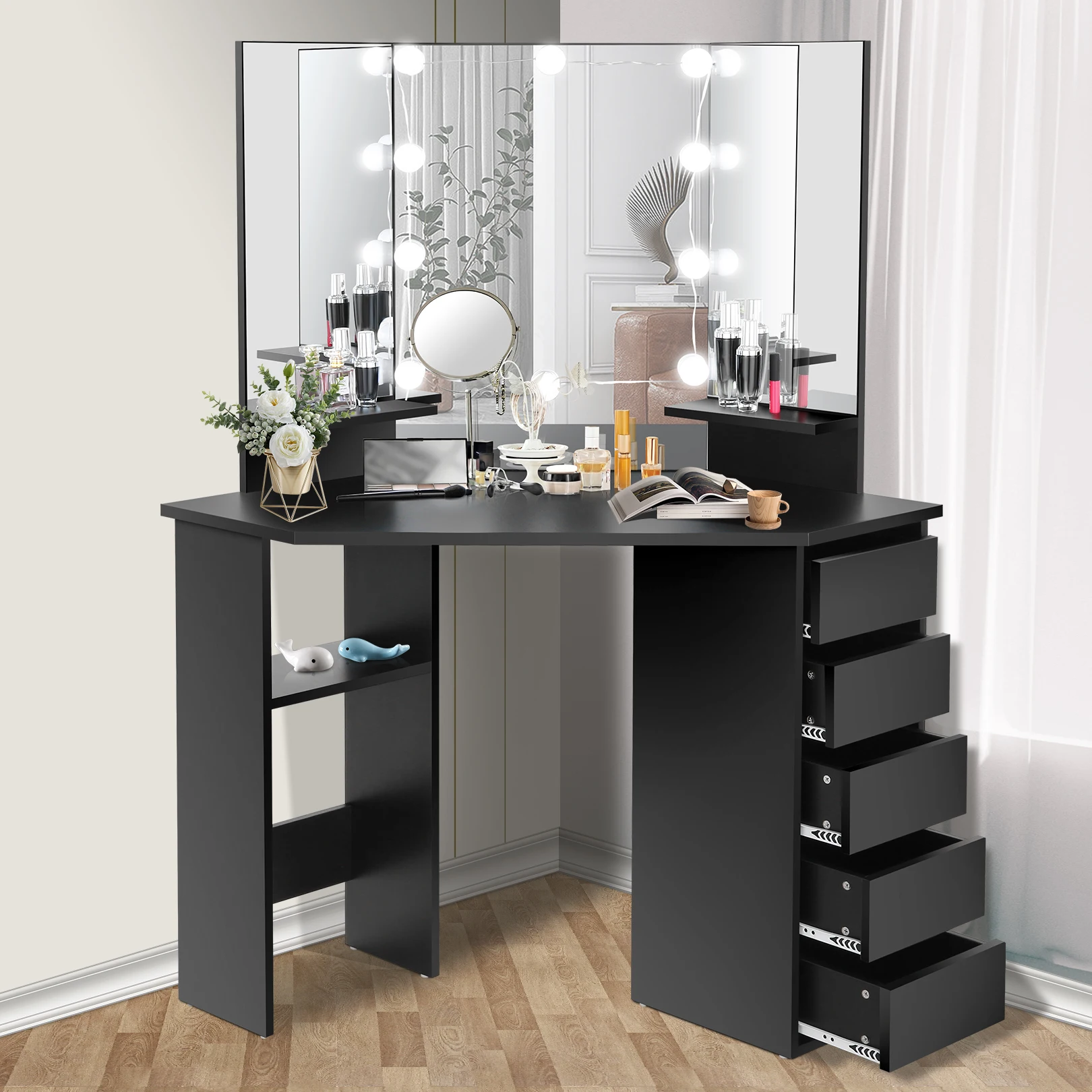 Corner Makeup Vanity Desk with Mirror and Lights, Bedroom Vanity Table with Lighted Mirror 5 Drawers and Storage Shelf for Women