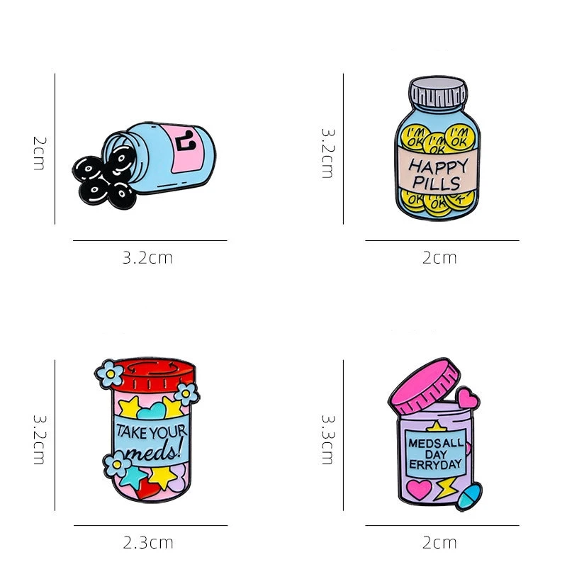 Cute Cartoon Medicine Bottles Pills Enamel Brooch Creative English Letters Lapel Pin Badge Backpack Clothing Hat Accessories