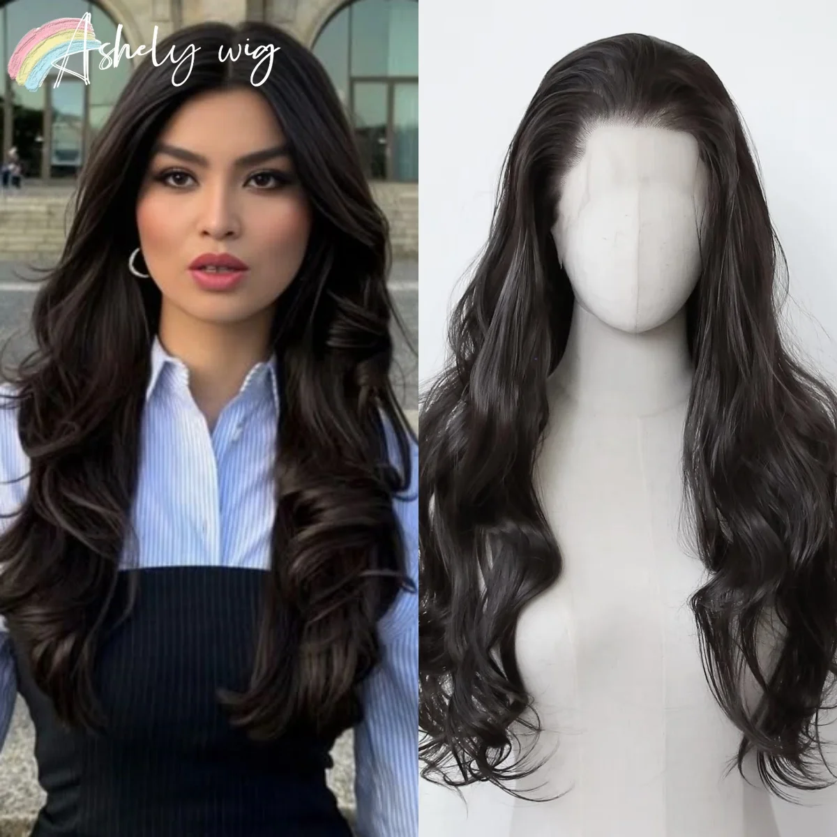 

Ashely Black Wig 13x4 Body Wave Lace Front Wig for Women Long Synthetic Lace Front WigsHigh Temperature Resistant Fibers 통가발