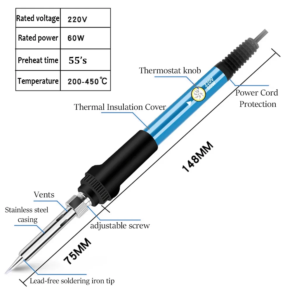 مجموعة مكواة لحام كهربائية 7 في 1، أداة إصلاح لحام بدرجة حرارة قابلة للتعديل 60 وات، 220 فولت/110 فولت LK-AA77