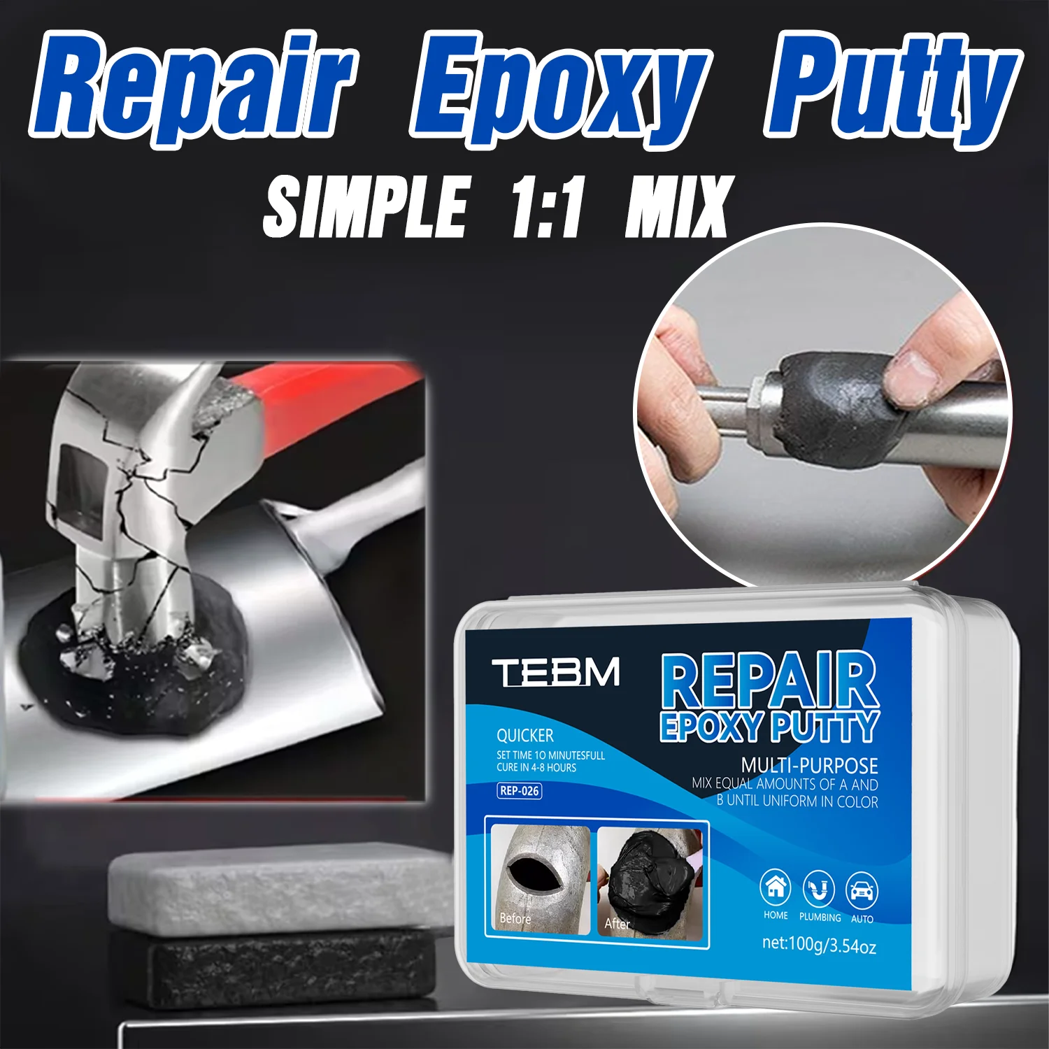 Moldable Epoxy Putty Waterproof &Oil Resistant Rock-Hard Strength for Pipe Cracks Metal Holes Concrete Patching Indoor & Outdoor
