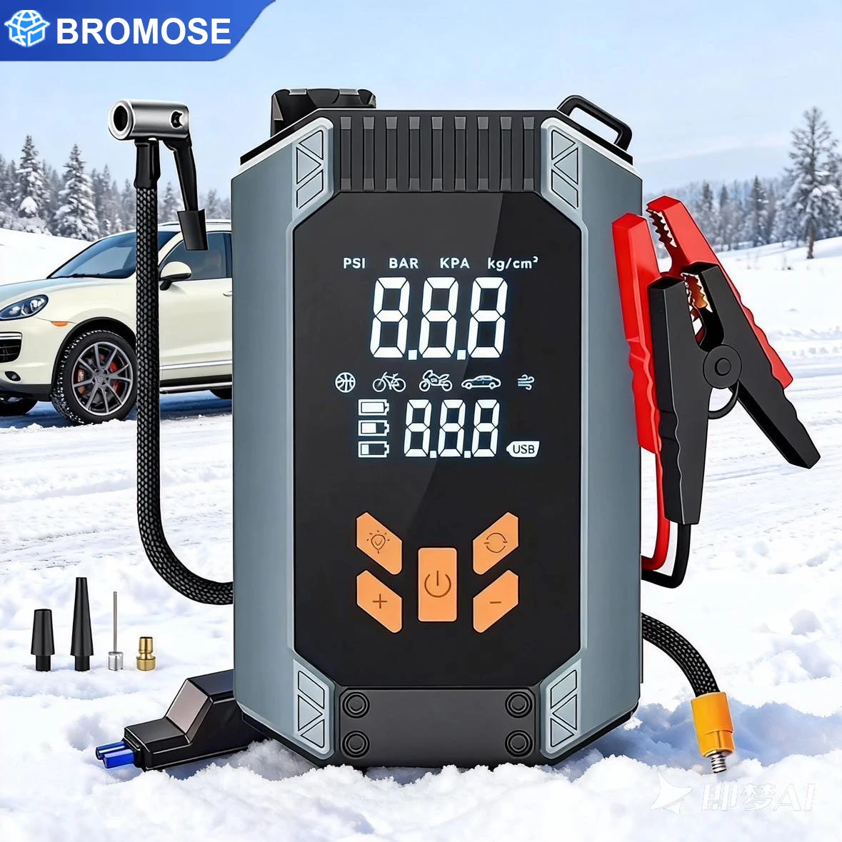 Bromose 4In1 Avviatore di emergenza per auto portatile e pompa d'aria 150PSI Compressore d'aria Power Bank Booster Dispositivo di avviamento per auto Gonfiatore per pneumatici automatico
