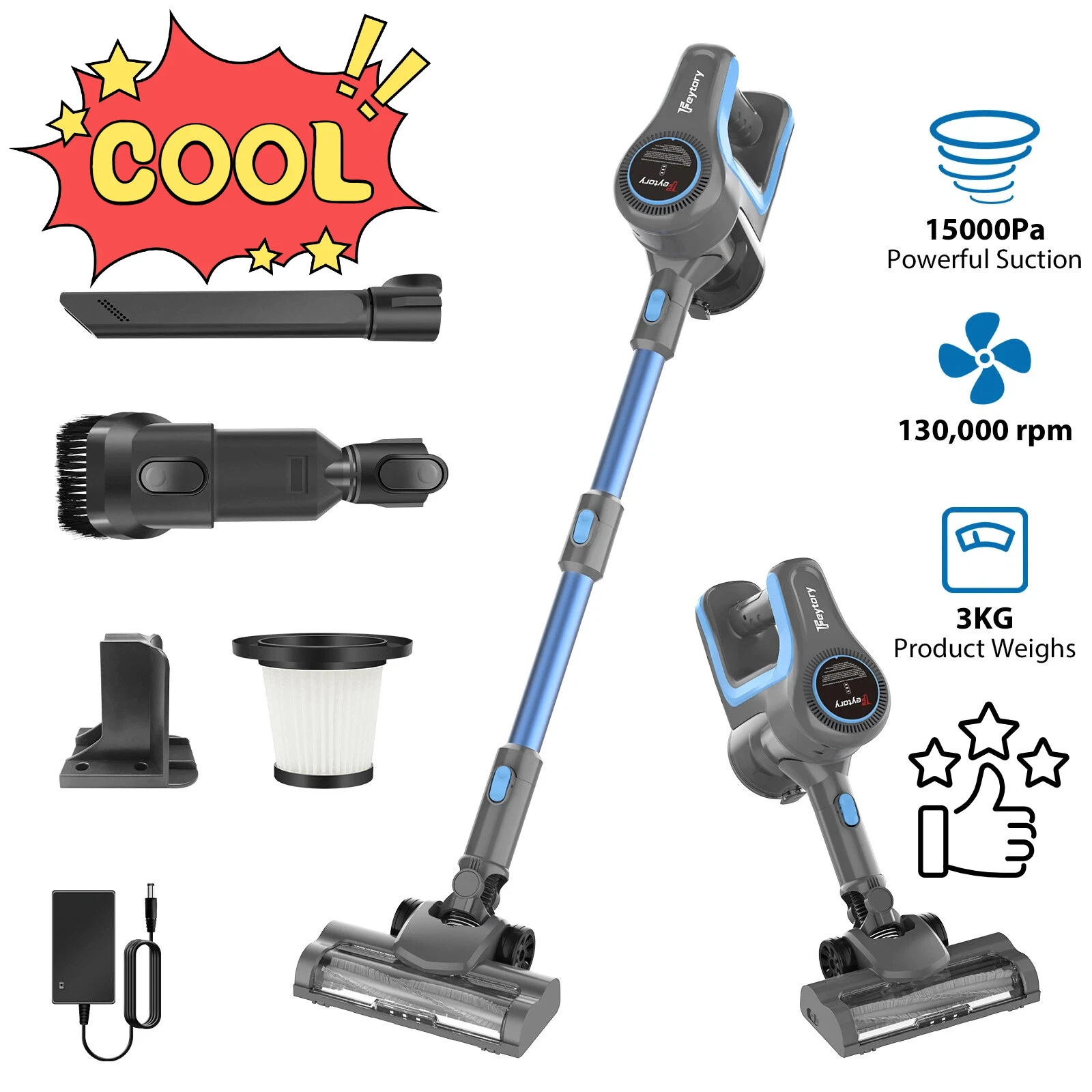 Aspiradora Inalámbrica con Motor de 140W, Recipiente para Polvo de 0.4L, Recargable y Montable en Pared – 15000Pa de Succión, 2 Modos de Velocidad – Para Pisos Duros y Alfombras