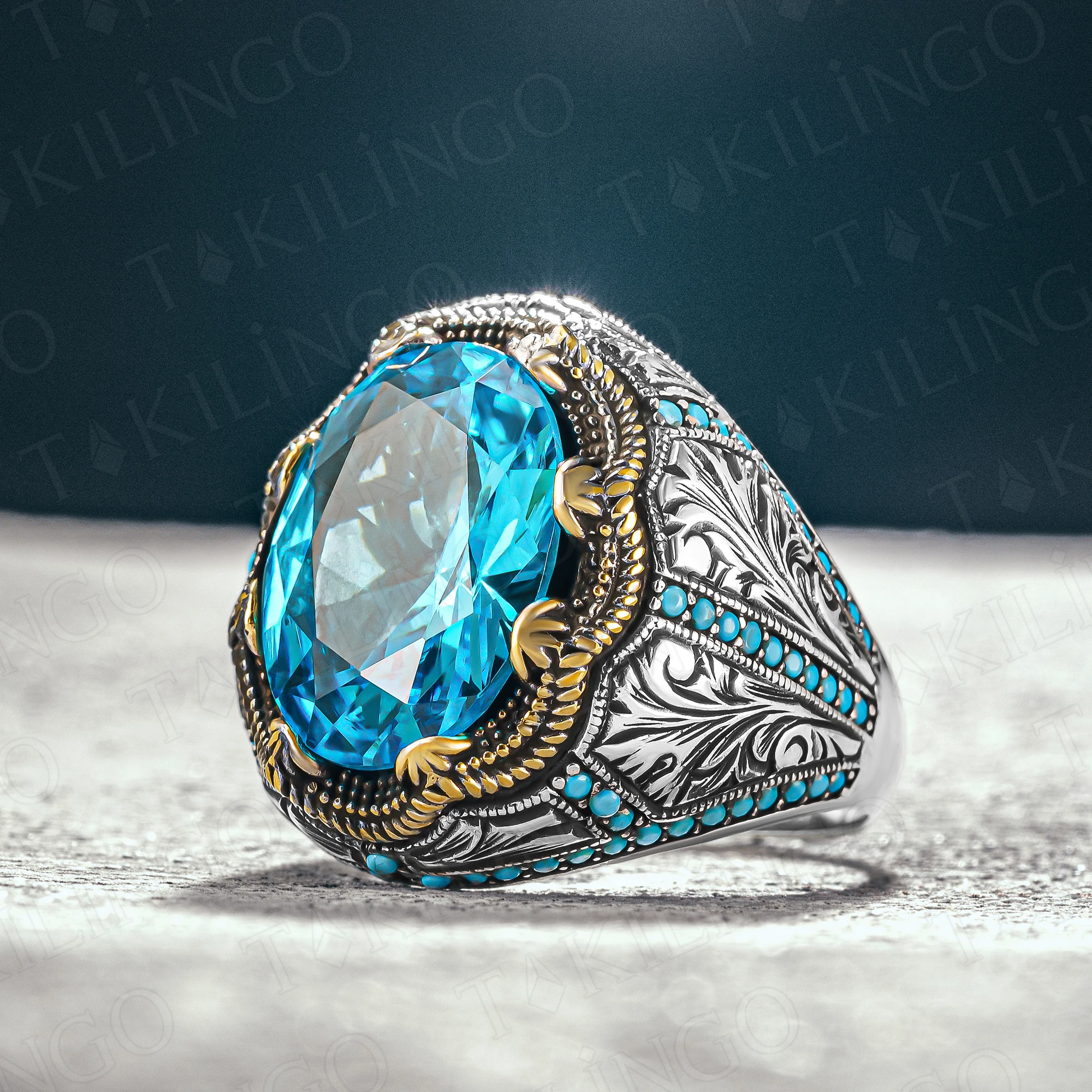 

925K Sterling Silver Cubic Blue Aquamarine Stone Men's Ring Turkish Turquoise Stone Handmade GemstoneModel Ring