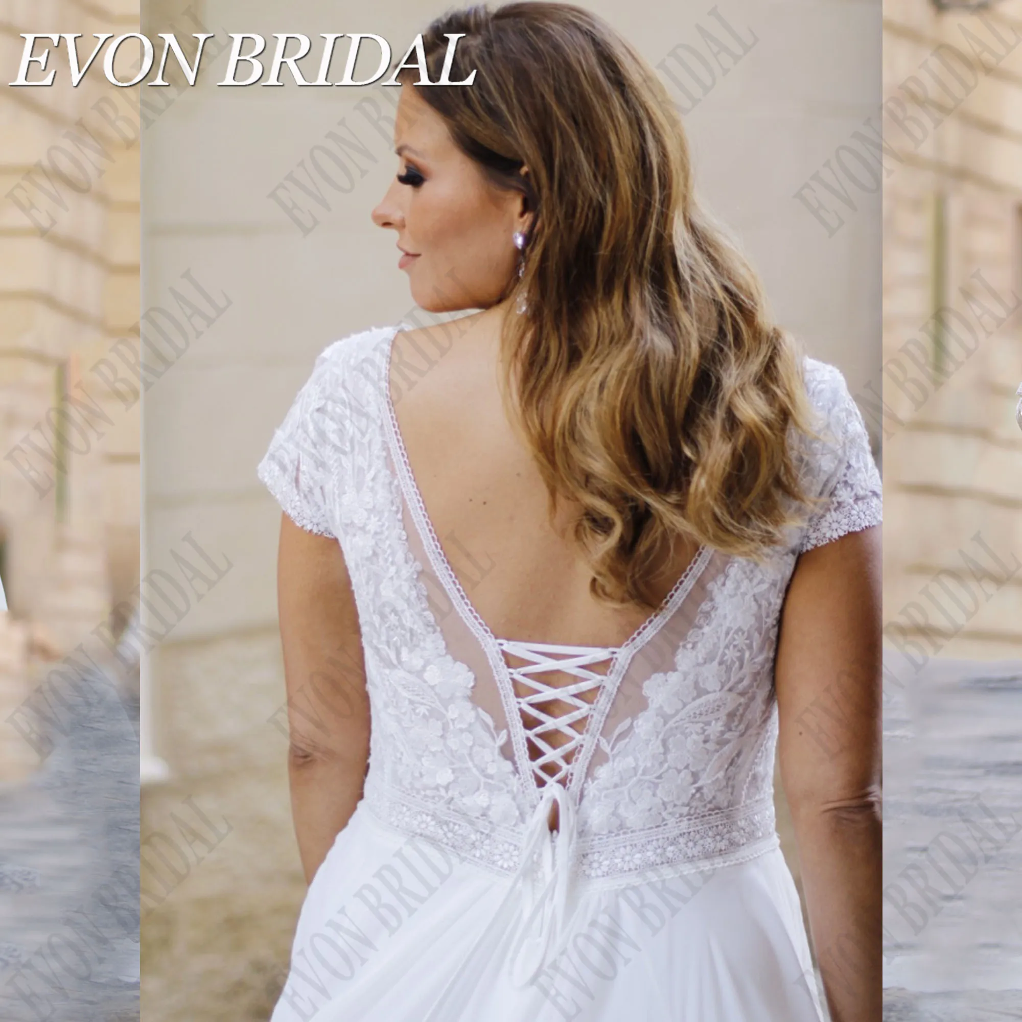 EVON BRIDAL Plus Size Civil Wedding Dress 2024 Bride V-Neck Applique A-Line Lace Up Backless Chiffon Bride Gown Sweep Train