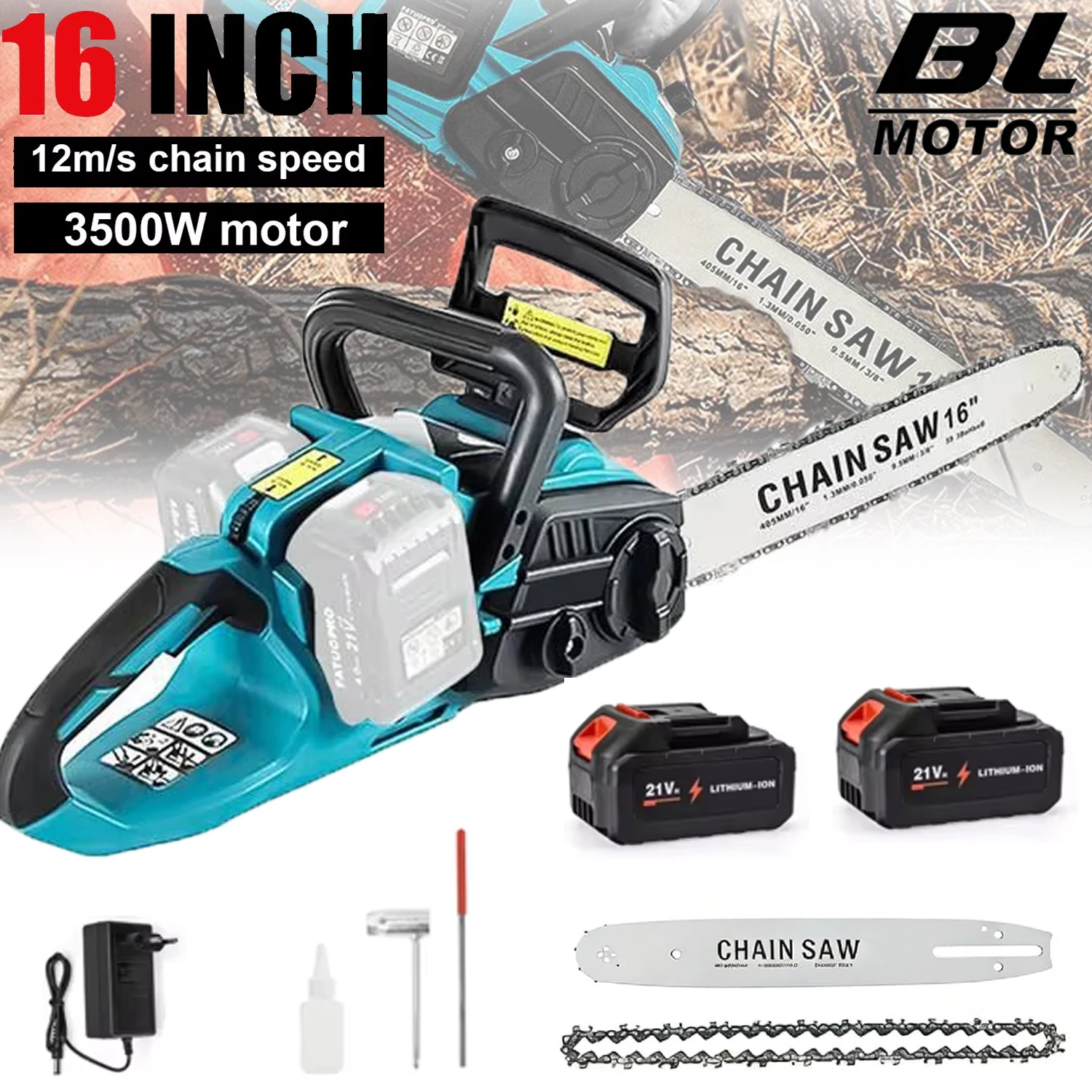 OWJHE Bürstenlose kabellose 16-Zoll-Elektrokettensäge, wiederaufladbar, zum Schneiden von Holz, Elektrowerkzeuge für Makita 21-V-Batterie