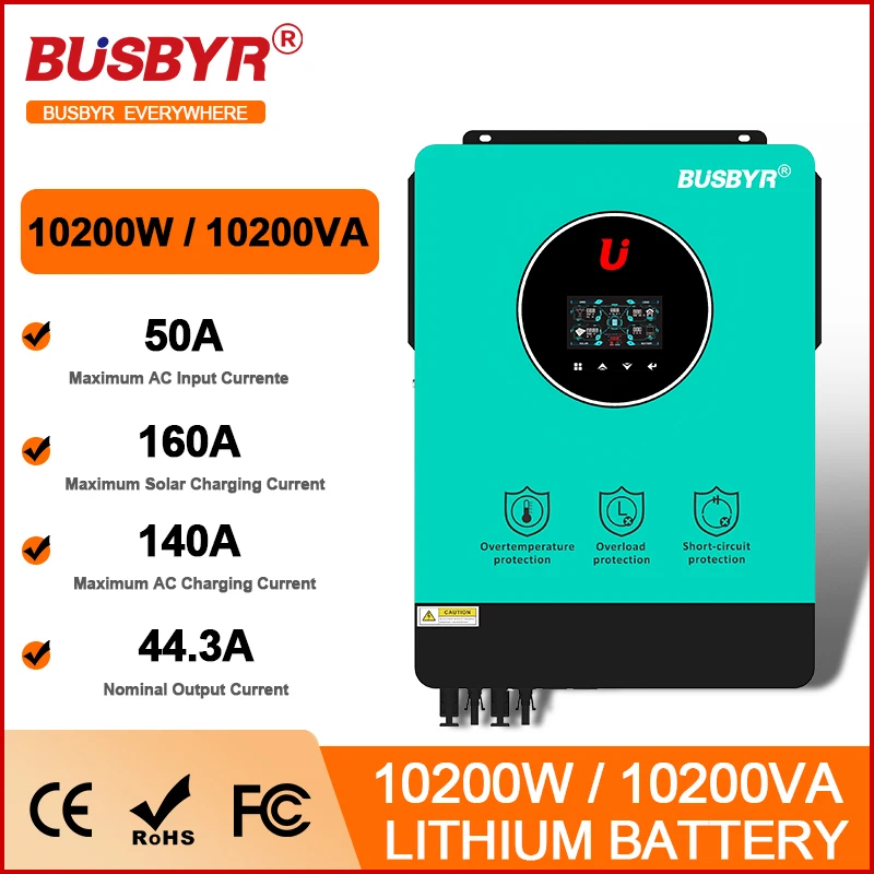 Busbyr 6.2KW 10.2KW 48V 230VAC PV 500VDC Pure Sine Wave Hybrid Solar Inverter 120A 160A MPPT Off-Grid On-Grid BMS Support WIFI