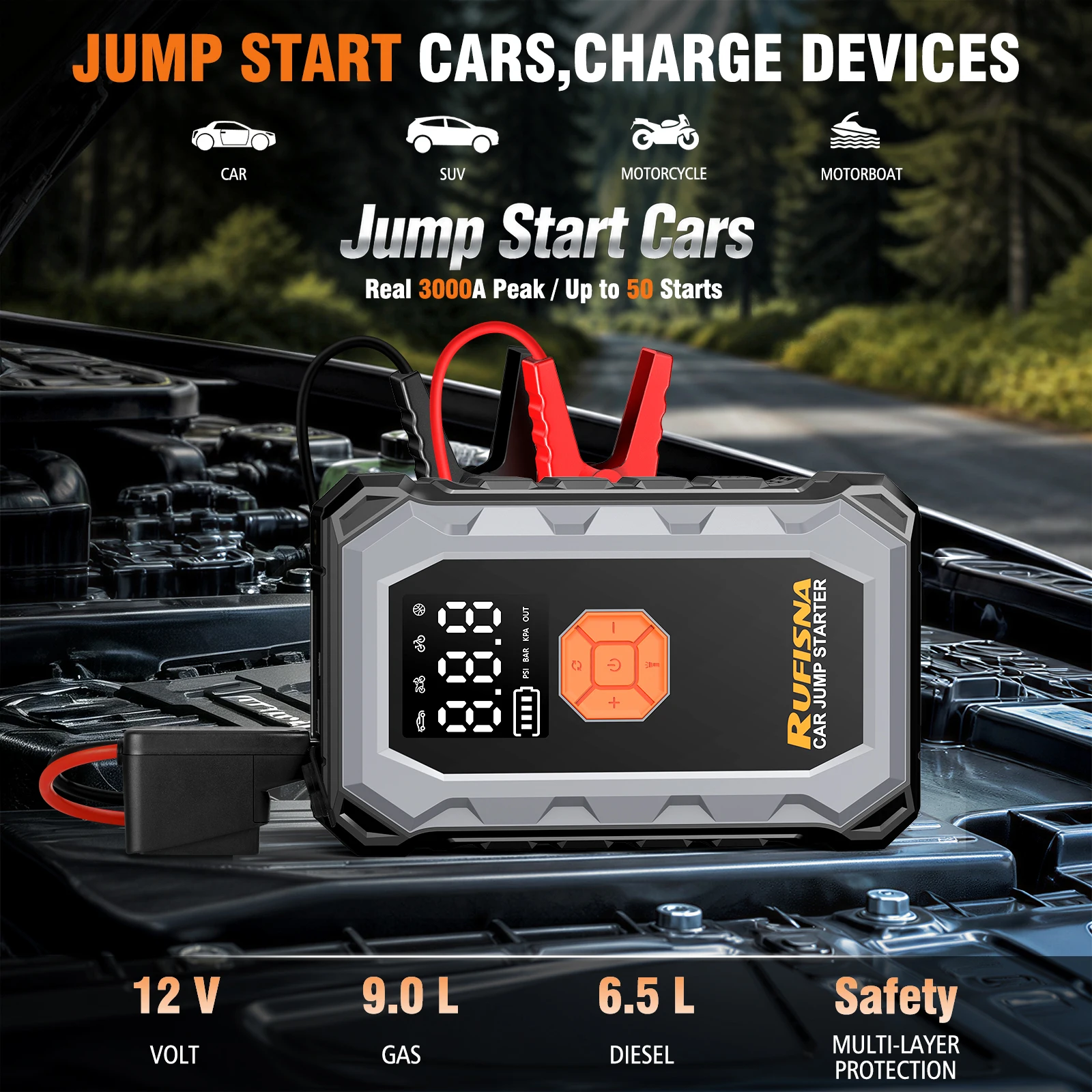 RUFISNA Car Jump Starter 3000A Peak 12V Portable ,150PSI Air Compressor Tire Inflator,All-in-One Emergency Battery Charger Power Bank,LED Flashlight,USB Output,Heavy Duty Booster for Gas Large-Displacement Vehicle,SUV,Truck,Roadside Emergency Rescue Kit - view 3