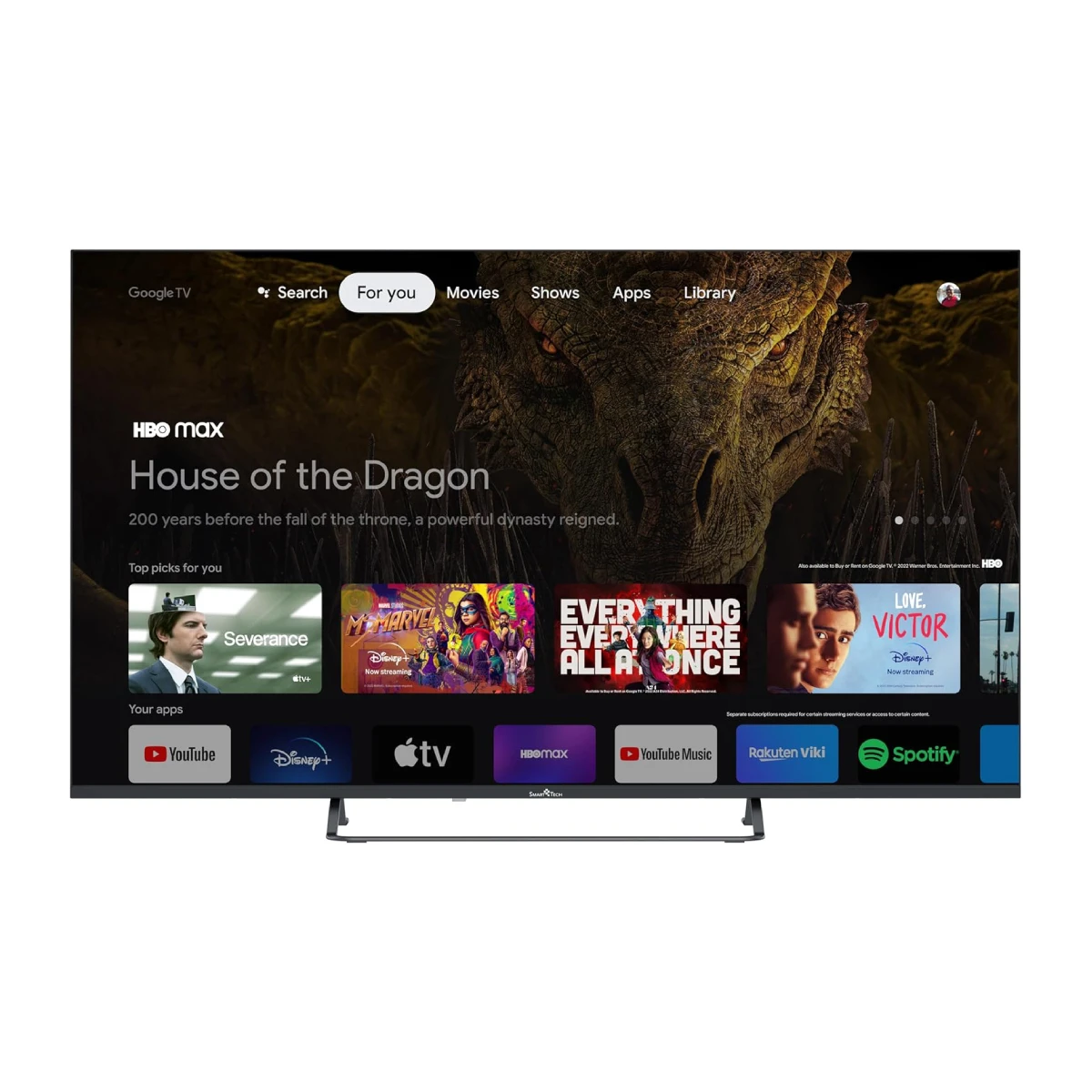 Smart Tech 55 UG10V3 55 بوصة Ultra HD 4K Smart HDR Google TV، Dolby Audio، Wi-Fi، Bluetooth، Chromecast، أسود