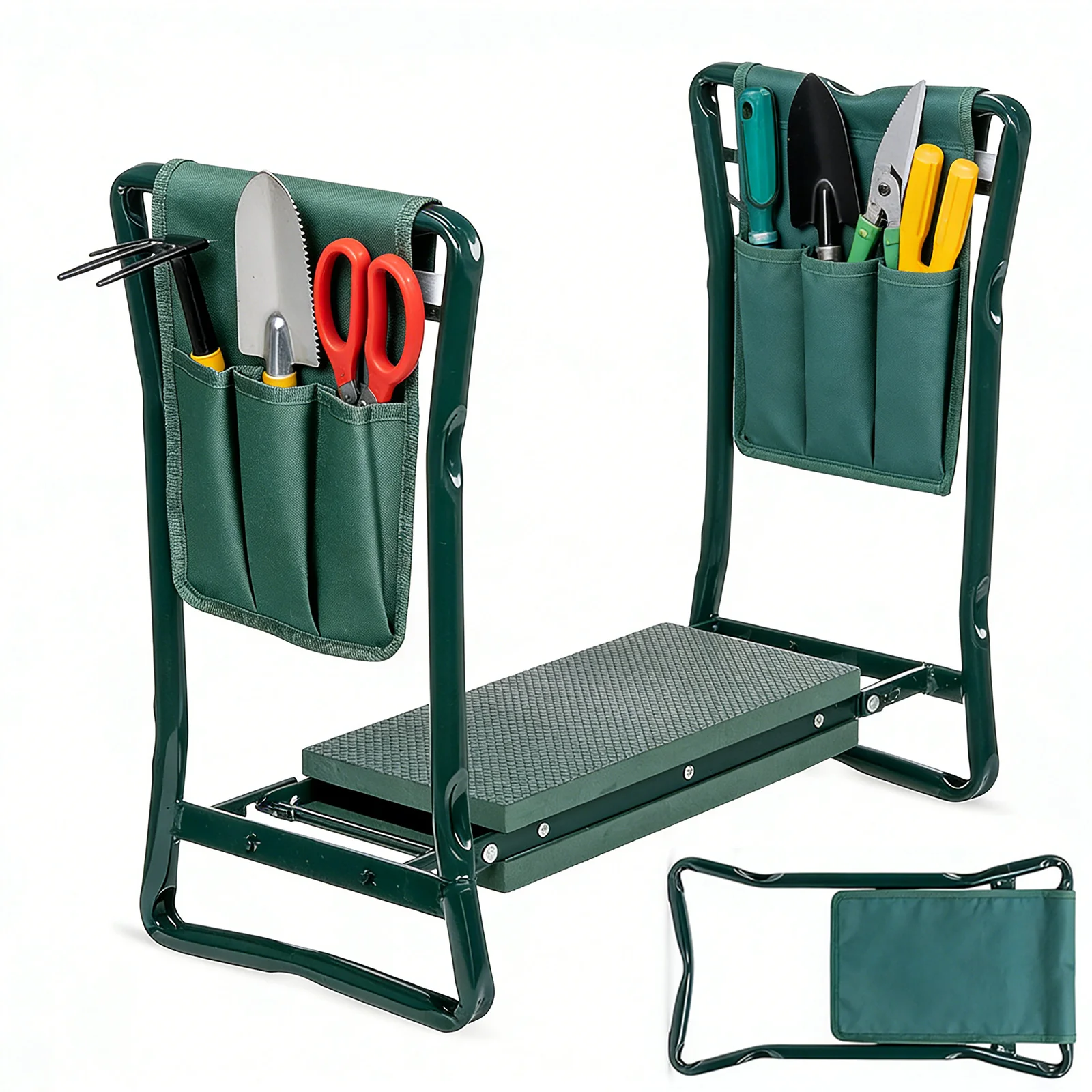Lichtgewicht metalen opvouwbare tuinstoel met EVA-vulling, multifunctionele zijzak en kniebank, ruimtebesparende tuinaccessoires