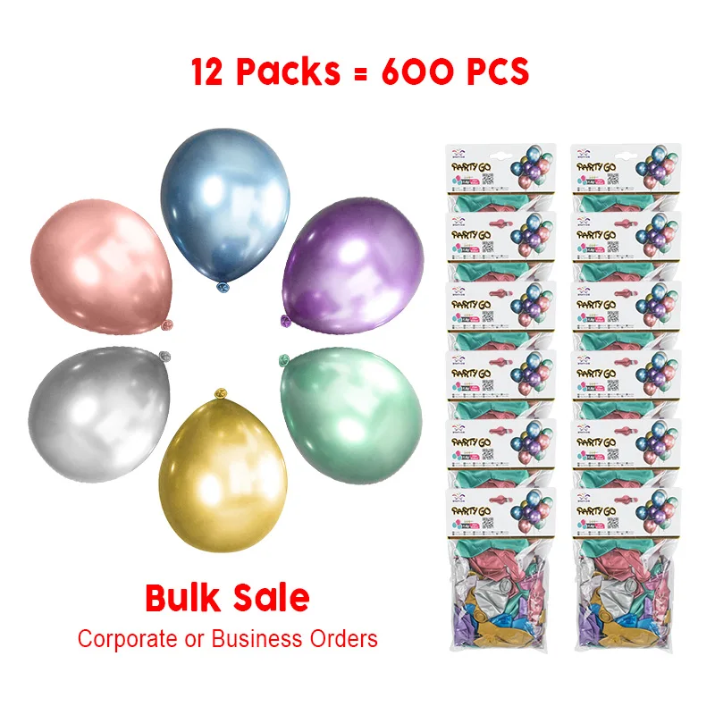 600 Total Pieces: 12 Packs of 50 Pieces Each - 9.8-Inch Metallic Mixed Color Latex Balloons - Perfect for Celebrations