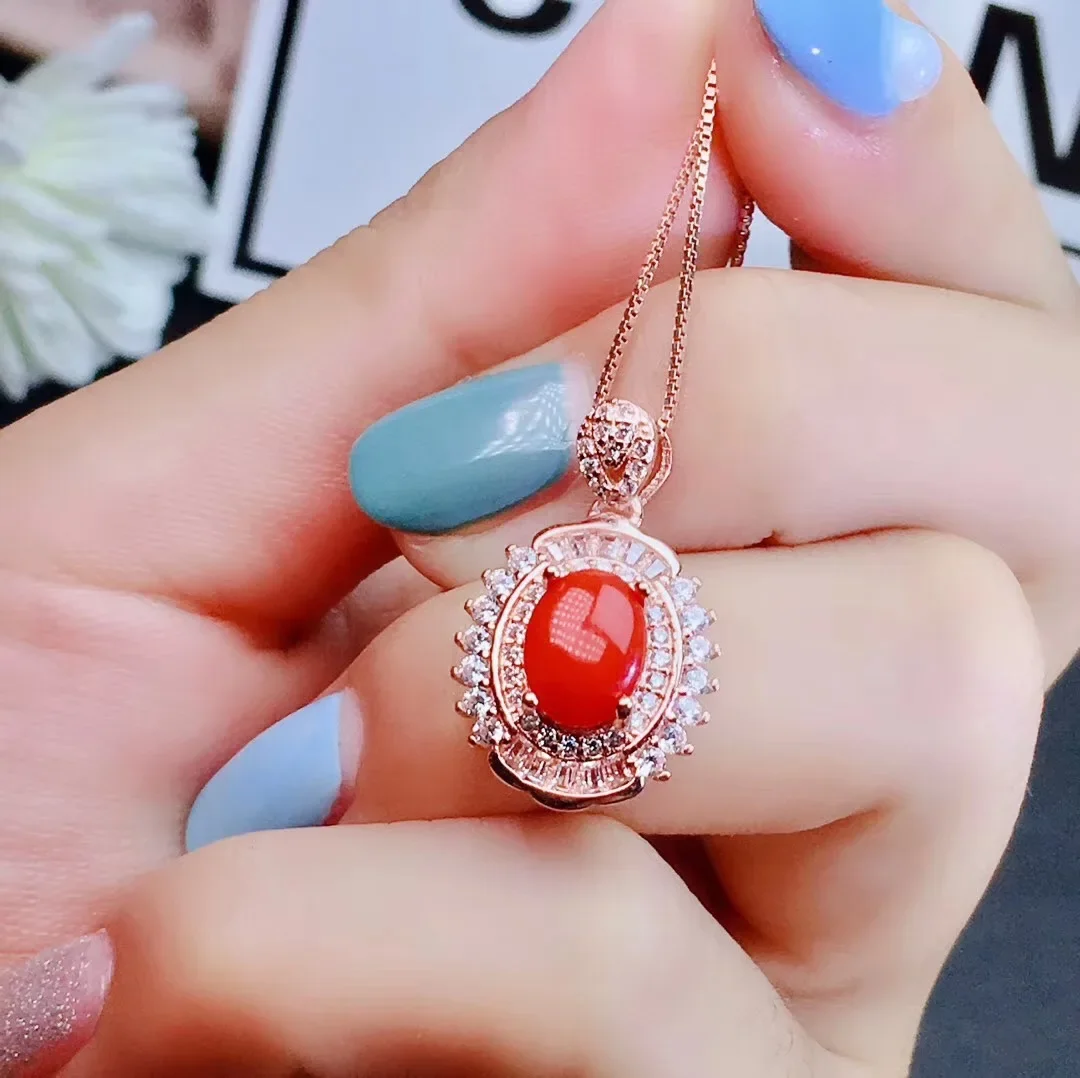 Jewelry Girl Natural Red Coral Pendant Necklace Ring Earnail Set 925 Pure Silver Plated Rose Gold Gift for Girlfriend Christmas, view 4
