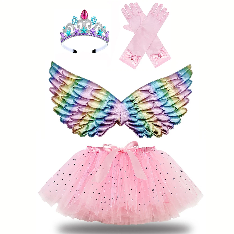 

Girls Birthday Outfit Handmade Tiara Crown Bow Gloves Wings Tutu Skirt for Princess Birthday Wedding Theme Party Costume