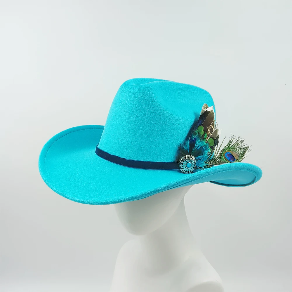 Sombrero de vaquero occidental retro para hombres y mujeres, sombrero de vaquero de jazz, pluma, cinta de terciopelo dorado, campana, iglesia, Hombre, nuevo