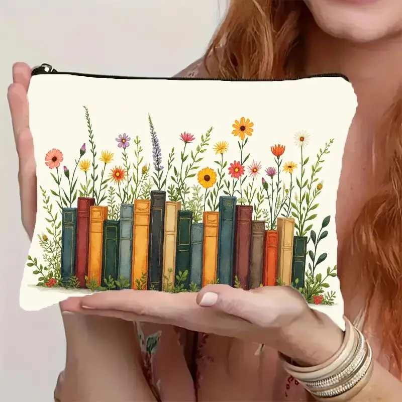 1Pc Book Lover's Multi-Functional Travel Makeup Bag with Literary Books and Wildflowers Vintage Design, Snack Storage Bag, Stationery Storage Bag, Stylish Toiletry Bag, Canvas Double-Sided Printed Zipper Pouch