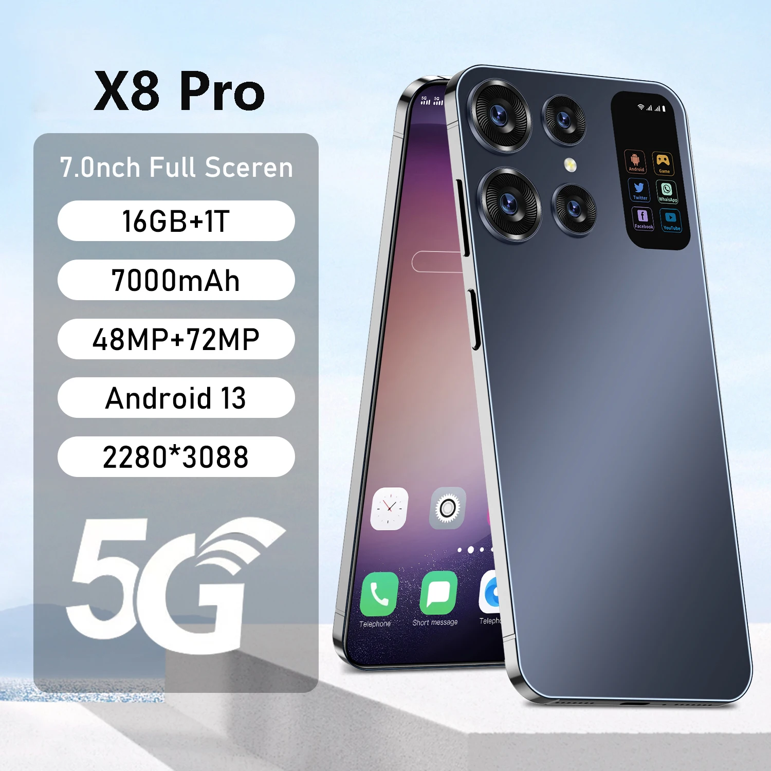 

HOT 2025 New X8 Pro Original Intelligent 5G Dual Card Dual Standby Android13 System Global Version 7000mAh Battery