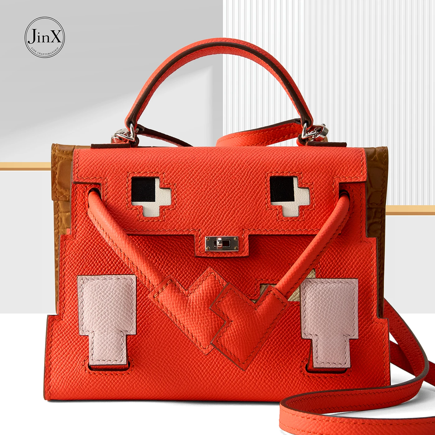 Handcrafted Leather Mini Doll Bag Cartoon Pixel Patchwork Hard Case Handbag Women Top Handle Shoulder Crossbody Purse