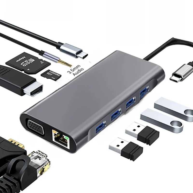 11 Ports USB C HUB Docking Station RJ45 Adapter zu HDMI-Kompatibel 4K VGA SD/TF Karte 3,5 MM AUX 11-in-1 für PC Laptop Splitter