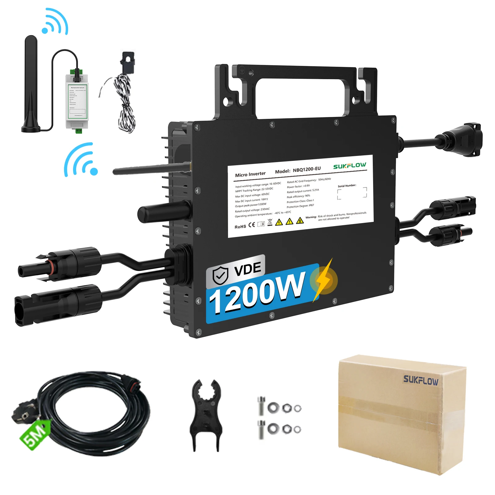 2026 nueva llegada 1200W microinversor solar con red antirreflujo salida 0A con cable APP WLAN5m IP67 impermeable