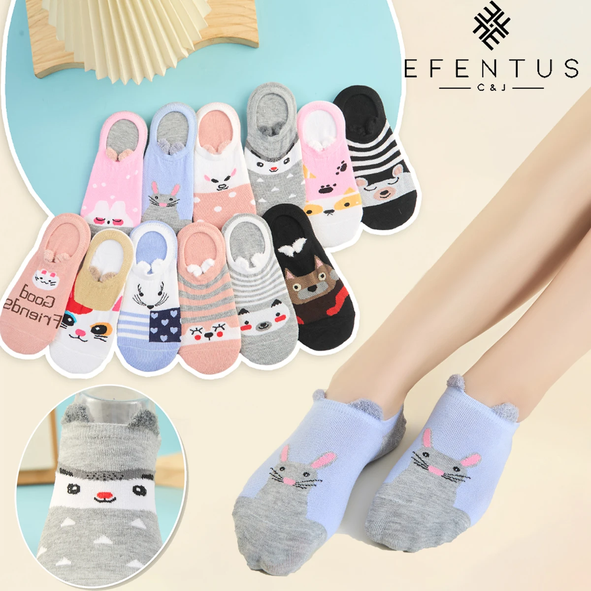 12 Pairs Women Casual Breathable Comfortable Boat Socks with Lovely Animal Motifs and Plush Ears