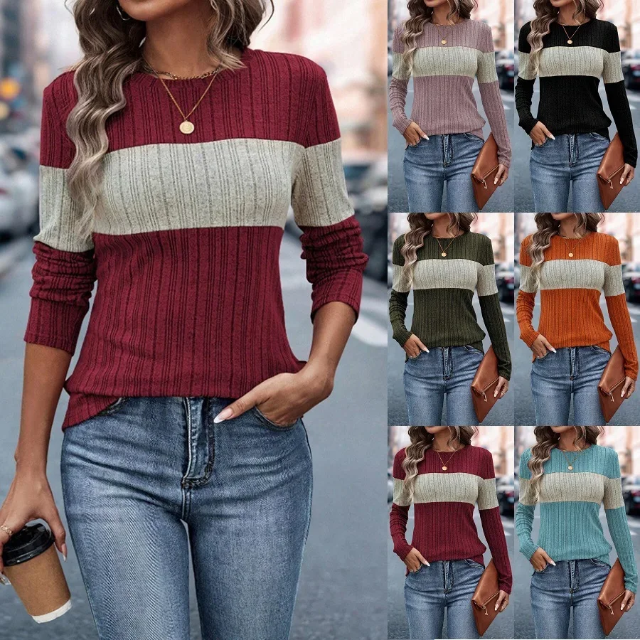 Topy damskie z dzianiny Okrągły dekolt Pełny rękaw Slim Fit Casual Regular Top Splice Tees Plisowane Eleganckie T-Shirty Jesień 2024 — zdjęcie 2