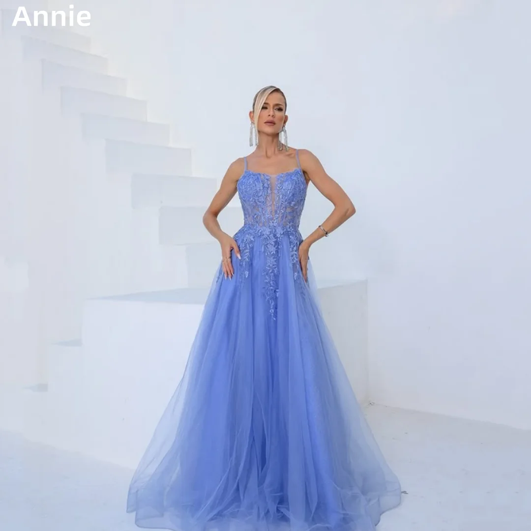 

Annie Blue Spaghetti Straps Prom Dresses Tulle Embroidery Evening Dresses Backless Corset Lady Party Dresses فساتين سهرة