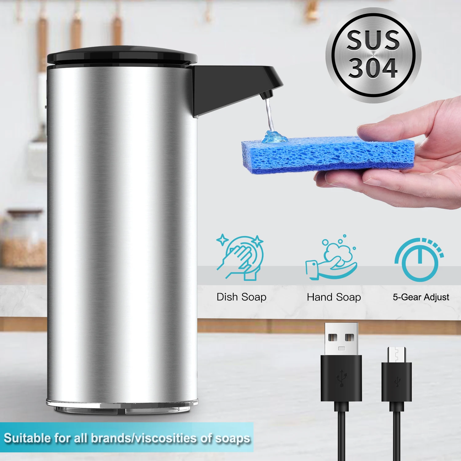 Dispenser automatico di sapone con ricarica USB AIKE Dispenser senza contatto in acciaio inossidabile per detersivo da cucina e sapone per le mani da bagno