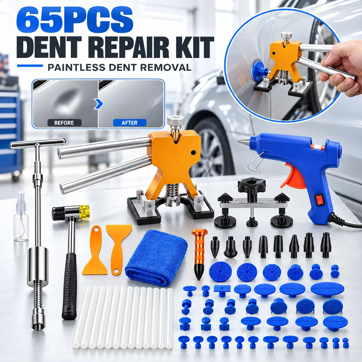 Kit di 65 Pezzi per la Riparazione di Ammaccature della Carrozzeria Auto, Martello Reversibile in Metallo, Estrattore di Ammaccature per Auto, Ventosa