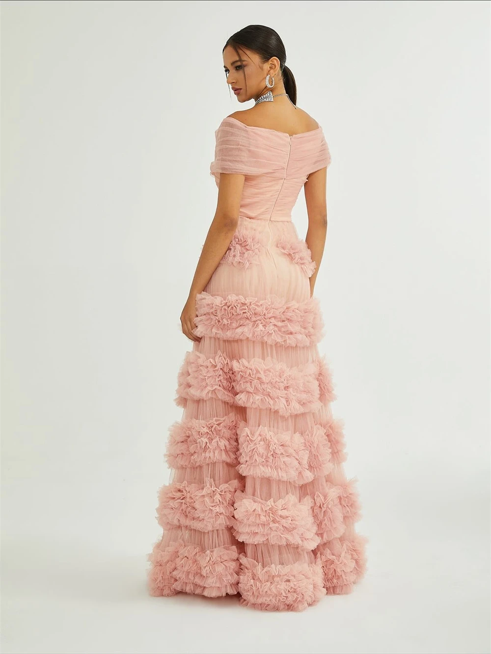 Sansa personalizado Rosa volantes escalonados A-line fuera del hombro vestido De graduación sin mangas Vestidos De Noche hasta el suelo Noche Formal