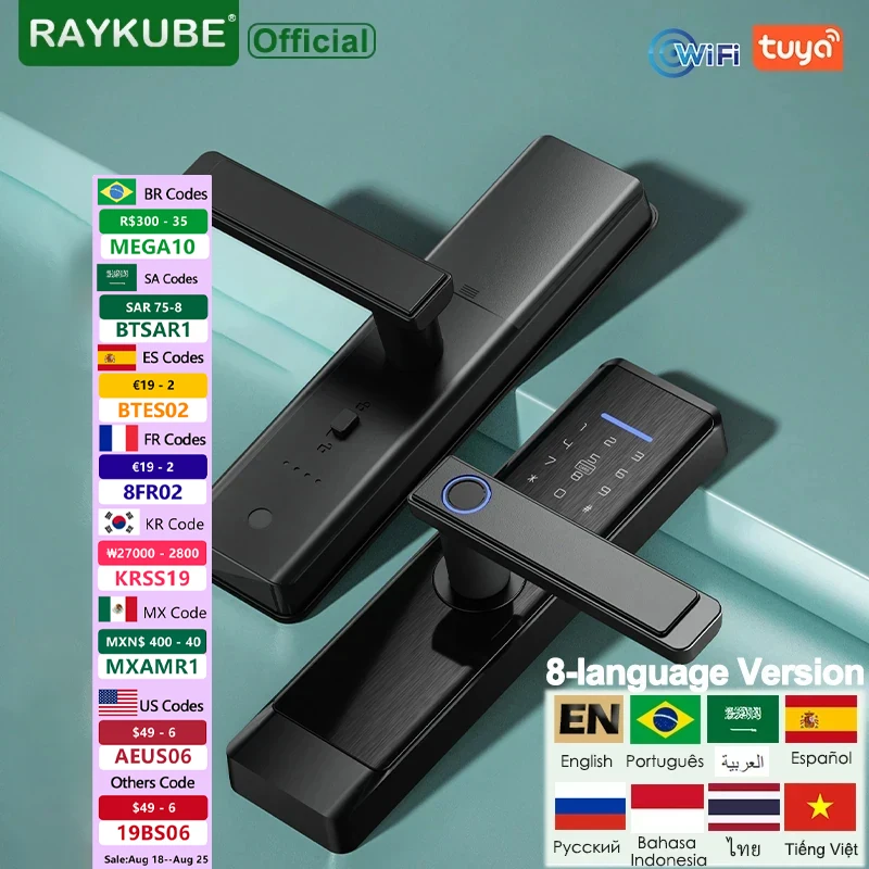 RAYKUBE-cerradura inteligente L1 para puerta, dispositivo de cierre con huella Digital, con WiFi, Tuya, ZigBee, TT, APP