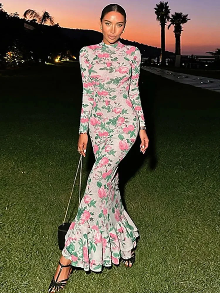 Mozision Bodycon Długi rękaw Pół Wysoki kołnierz Nadruk Zamek błyskawiczny Elegancka sukienka maxi Kobiety Szczupła wysoka talia Seksowna sukienka Stroje damskie — zdjęcie 2