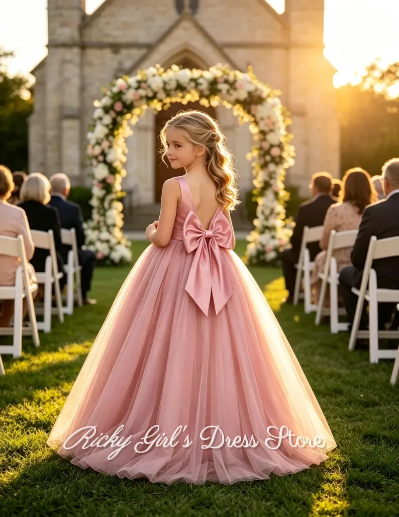 Pink Birthday Banquet Princess Gown Satin Tulle A Line Flower Girl Dresses Piano Model Performance Dress Floor Length Customized